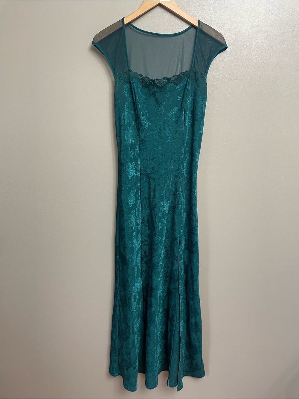 Vintage Victoria’s Secret Gold Label Emerald Jacquard Slip Dress Thigh High Slit